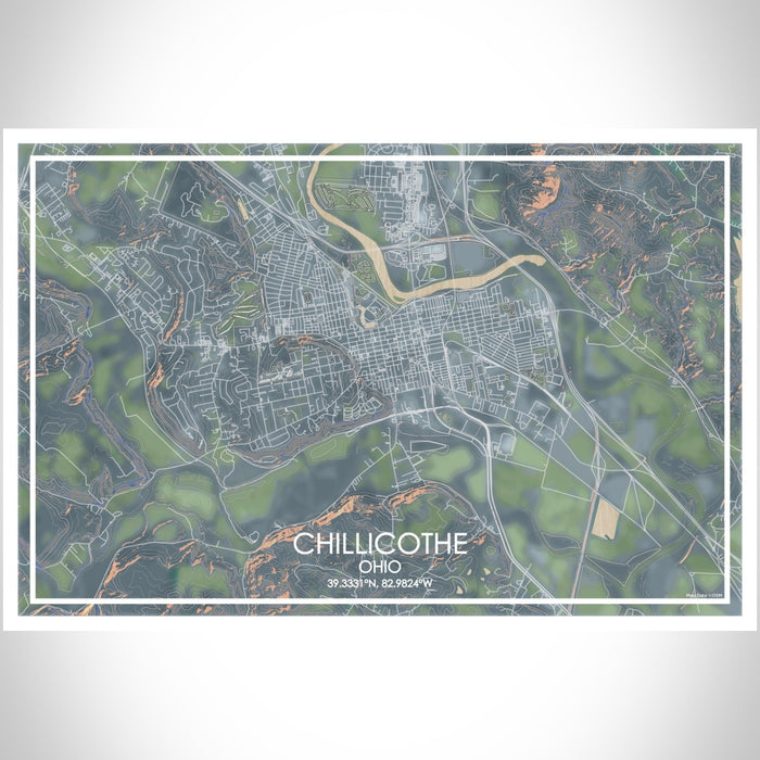 Chillicothe Ohio Map Print Landscape Orientation in Afternoon Style With Shaded Background