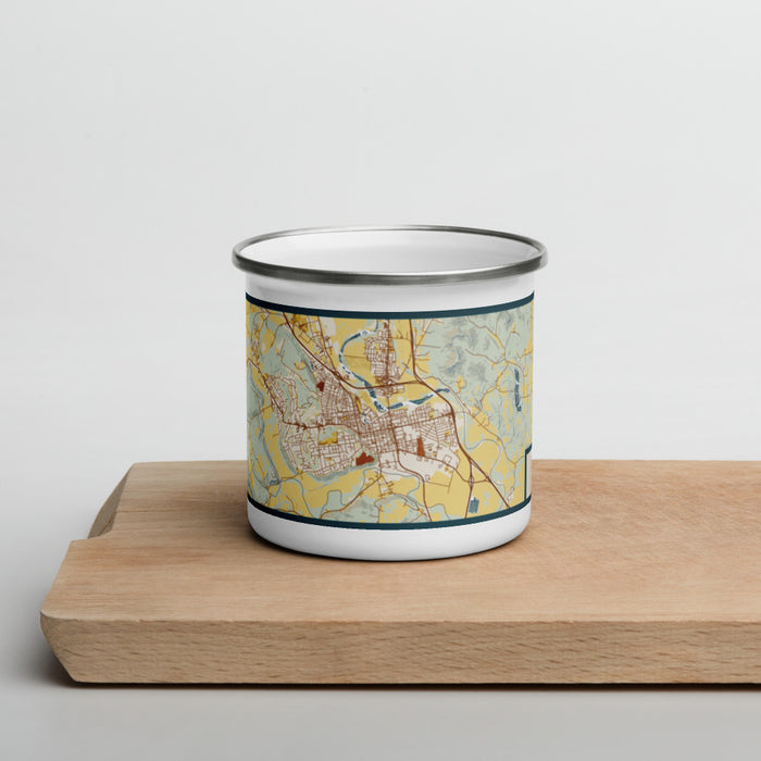 Front View Custom Chillicothe Ohio Map Enamel Mug in Woodblock on Cutting Board