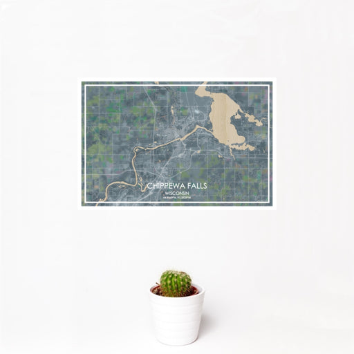 12x18 Chippewa Falls Wisconsin Map Print Landscape Orientation in Afternoon Style With Small Cactus Plant in White Planter