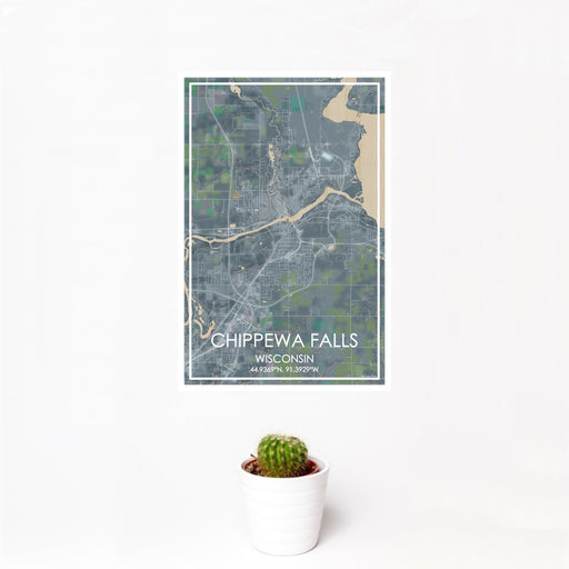 12x18 Chippewa Falls Wisconsin Map Print Portrait Orientation in Afternoon Style With Small Cactus Plant in White Planter