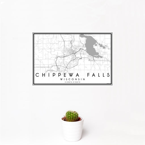 12x18 Chippewa Falls Wisconsin Map Print Landscape Orientation in Classic Style With Small Cactus Plant in White Planter