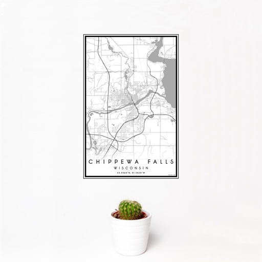 12x18 Chippewa Falls Wisconsin Map Print Portrait Orientation in Classic Style With Small Cactus Plant in White Planter