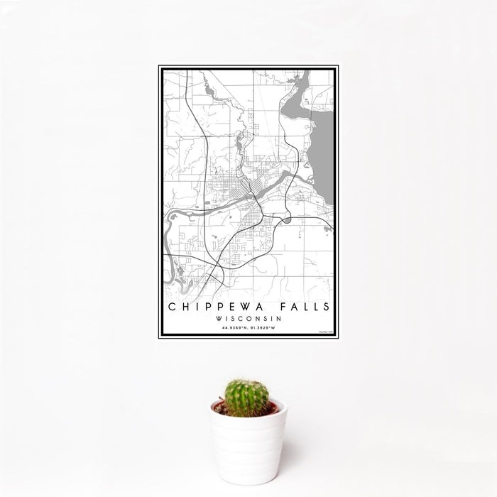 12x18 Chippewa Falls Wisconsin Map Print Portrait Orientation in Classic Style With Small Cactus Plant in White Planter