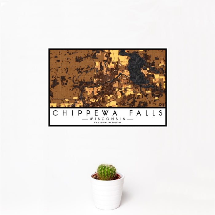 12x18 Chippewa Falls Wisconsin Map Print Landscape Orientation in Ember Style With Small Cactus Plant in White Planter