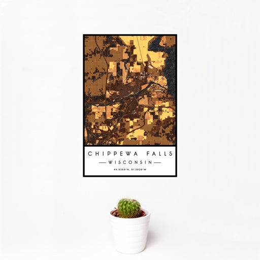 12x18 Chippewa Falls Wisconsin Map Print Portrait Orientation in Ember Style With Small Cactus Plant in White Planter