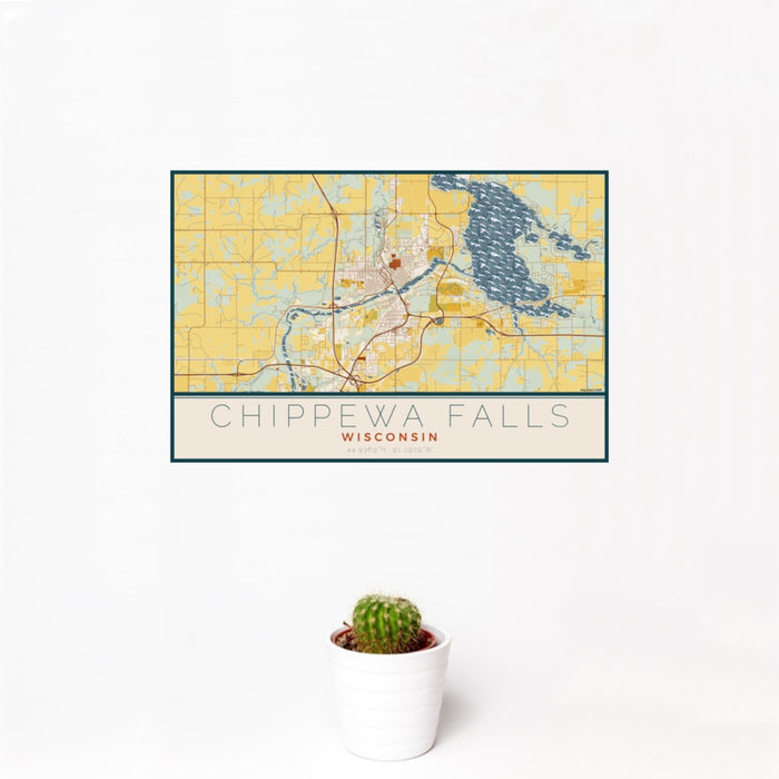 12x18 Chippewa Falls Wisconsin Map Print Landscape Orientation in Woodblock Style With Small Cactus Plant in White Planter