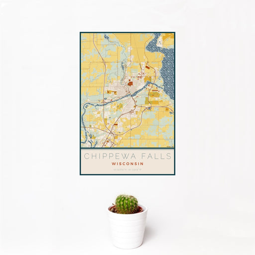12x18 Chippewa Falls Wisconsin Map Print Portrait Orientation in Woodblock Style With Small Cactus Plant in White Planter