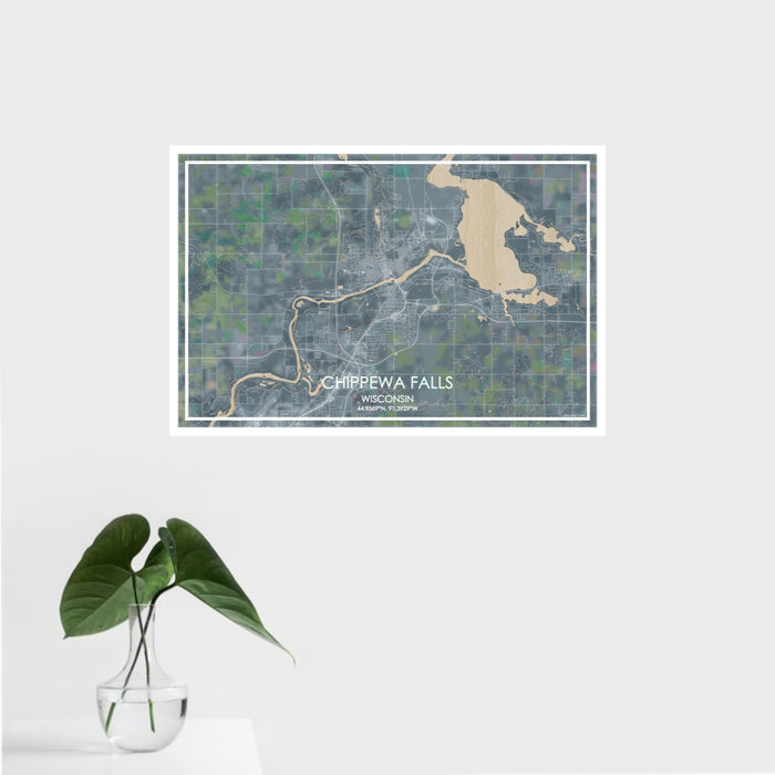 16x24 Chippewa Falls Wisconsin Map Print Landscape Orientation in Afternoon Style With Tropical Plant Leaves in Water