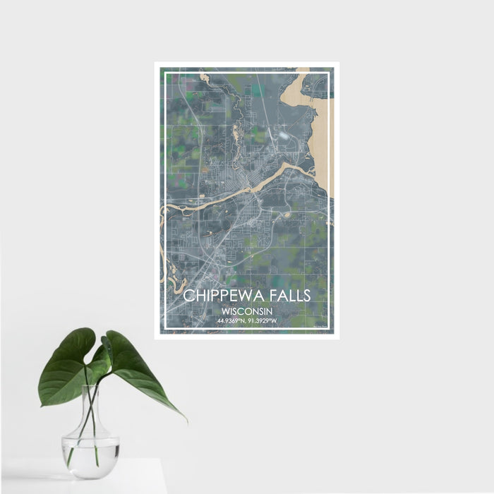 16x24 Chippewa Falls Wisconsin Map Print Portrait Orientation in Afternoon Style With Tropical Plant Leaves in Water