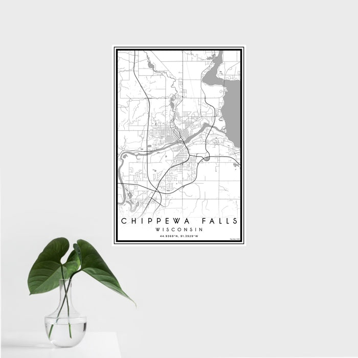 16x24 Chippewa Falls Wisconsin Map Print Portrait Orientation in Classic Style With Tropical Plant Leaves in Water