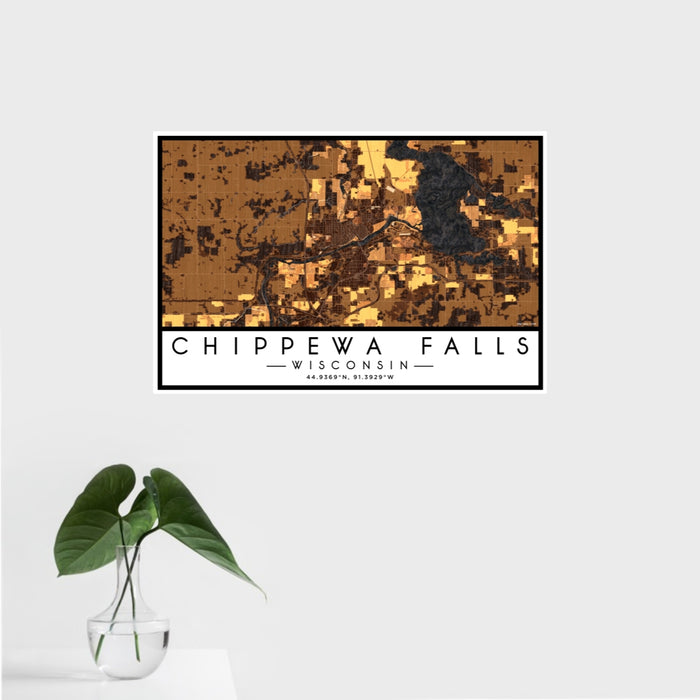 16x24 Chippewa Falls Wisconsin Map Print Landscape Orientation in Ember Style With Tropical Plant Leaves in Water