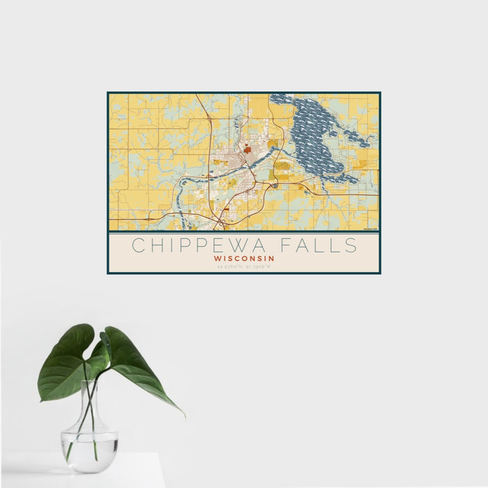 16x24 Chippewa Falls Wisconsin Map Print Landscape Orientation in Woodblock Style With Tropical Plant Leaves in Water
