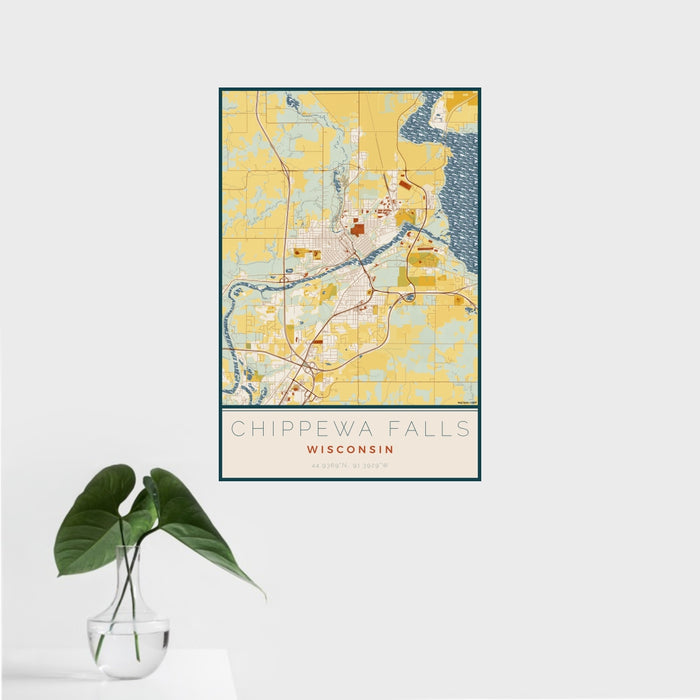 16x24 Chippewa Falls Wisconsin Map Print Portrait Orientation in Woodblock Style With Tropical Plant Leaves in Water