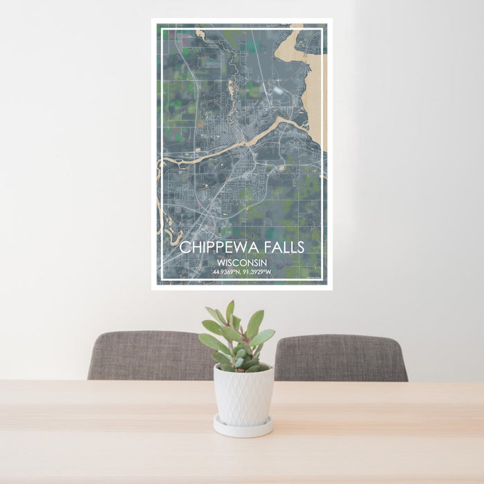 24x36 Chippewa Falls Wisconsin Map Print Portrait Orientation in Afternoon Style Behind 2 Chairs Table and Potted Plant