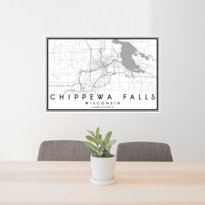 24x36 Chippewa Falls Wisconsin Map Print Lanscape Orientation in Classic Style Behind 2 Chairs Table and Potted Plant