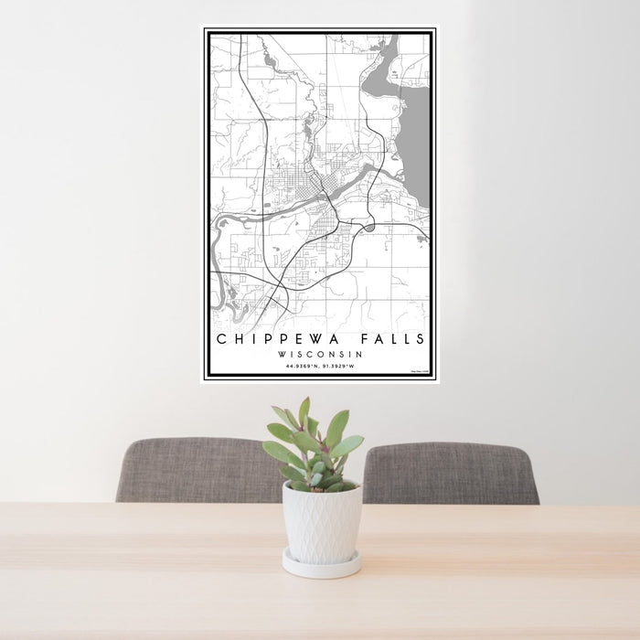 24x36 Chippewa Falls Wisconsin Map Print Portrait Orientation in Classic Style Behind 2 Chairs Table and Potted Plant
