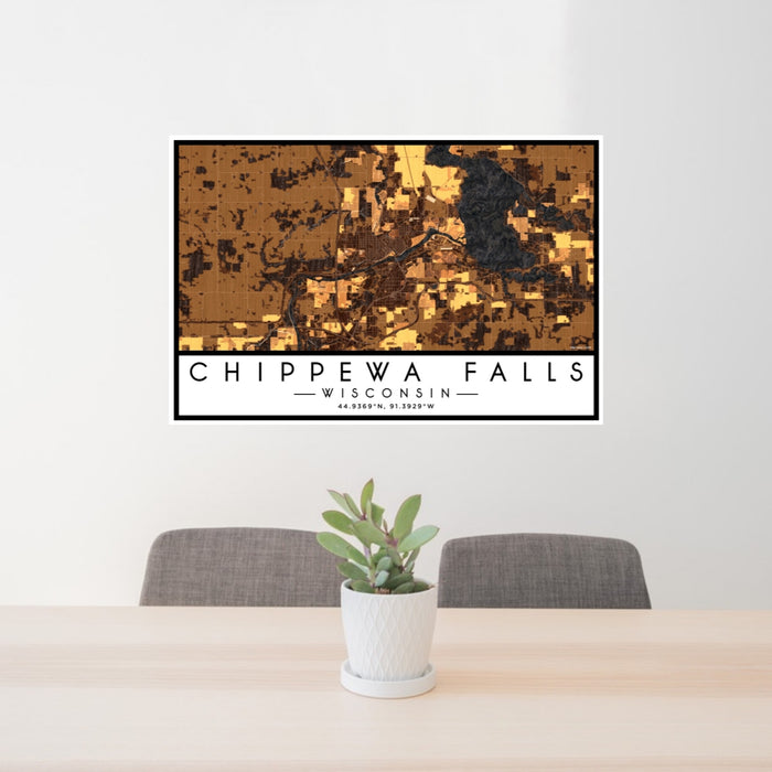 24x36 Chippewa Falls Wisconsin Map Print Lanscape Orientation in Ember Style Behind 2 Chairs Table and Potted Plant