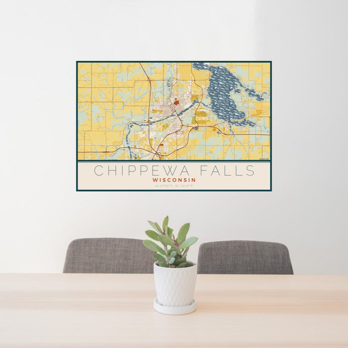 24x36 Chippewa Falls Wisconsin Map Print Lanscape Orientation in Woodblock Style Behind 2 Chairs Table and Potted Plant