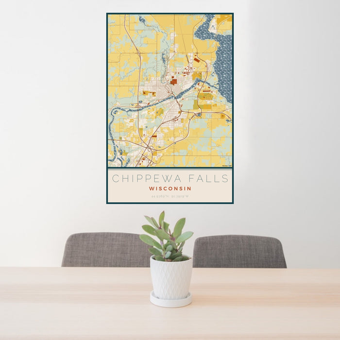 24x36 Chippewa Falls Wisconsin Map Print Portrait Orientation in Woodblock Style Behind 2 Chairs Table and Potted Plant