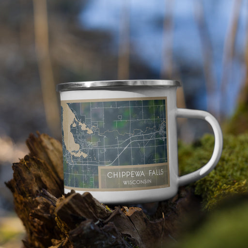 Right View Custom Chippewa Falls Wisconsin Map Enamel Mug in Afternoon on Grass With Trees in Background