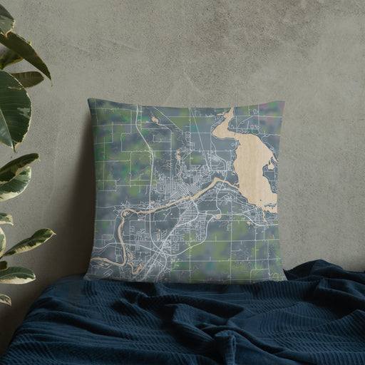 Custom Chippewa Falls Wisconsin Map Throw Pillow in Afternoon on Bedding Against Wall