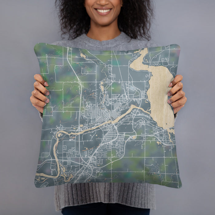 Person holding 18x18 Custom Chippewa Falls Wisconsin Map Throw Pillow in Afternoon