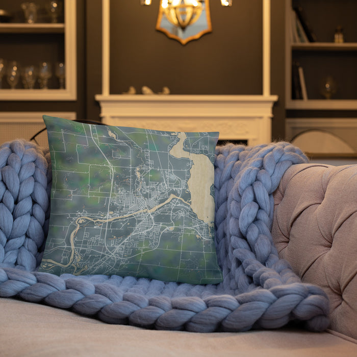 Custom Chippewa Falls Wisconsin Map Throw Pillow in Afternoon on Cream Colored Couch