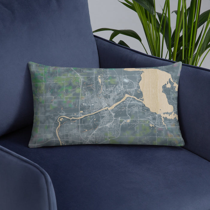 Custom Chippewa Falls Wisconsin Map Throw Pillow in Afternoon on Blue Colored Chair