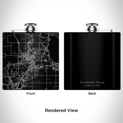Rendered View of Chippewa Falls Wisconsin Map Engraving on 6oz Stainless Steel Flask in Black