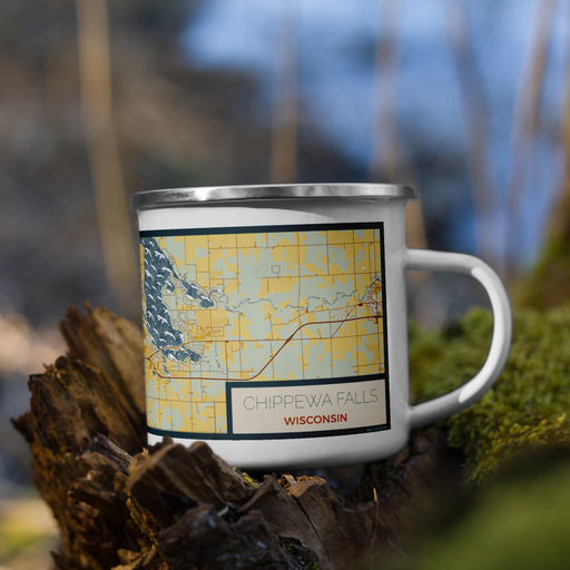 Right View Custom Chippewa Falls Wisconsin Map Enamel Mug in Woodblock on Grass With Trees in Background