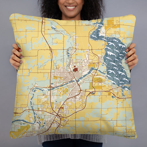 Person holding 22x22 Custom Chippewa Falls Wisconsin Map Throw Pillow in Woodblock