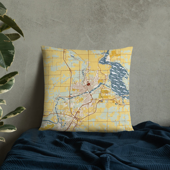 Custom Chippewa Falls Wisconsin Map Throw Pillow in Woodblock on Bedding Against Wall