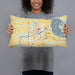 Person holding 20x12 Custom Chippewa Falls Wisconsin Map Throw Pillow in Woodblock