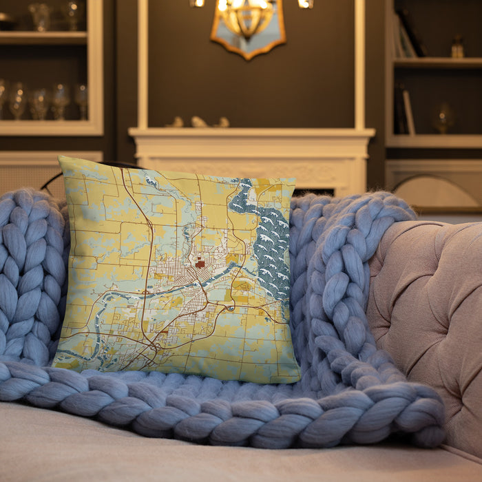 Custom Chippewa Falls Wisconsin Map Throw Pillow in Woodblock on Cream Colored Couch
