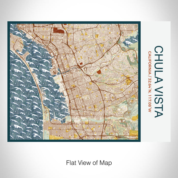 Rendered View of Chula Vista California Map on 20oz Stainless Steel Insulated Bottle with Bamboo Top with printed woodblock style map