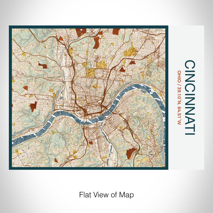 Rendered View of Cincinnati Ohio Map on 20oz Stainless Steel Insulated Bottle with Bamboo Top with printed woodblock style map