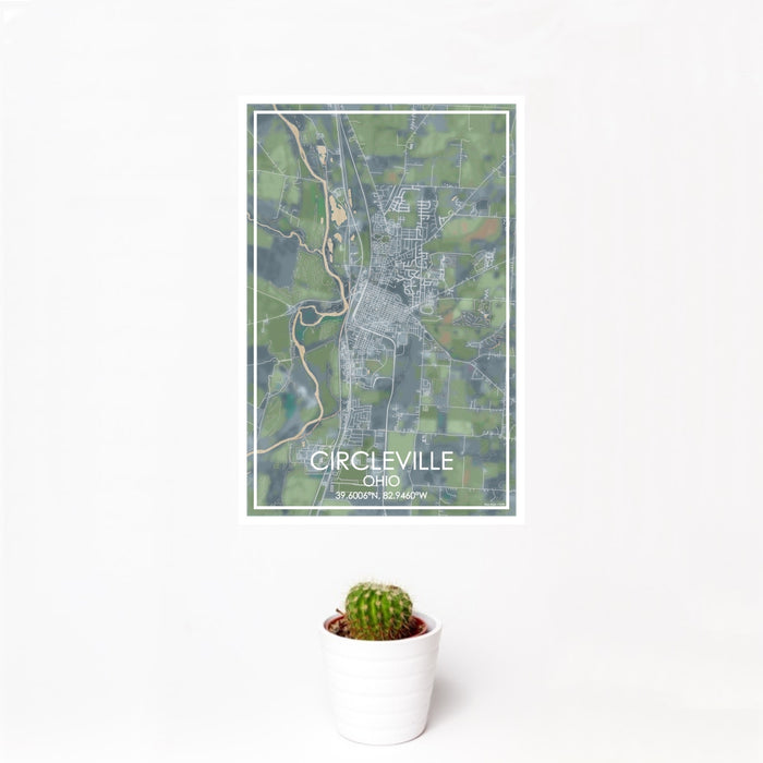 12x18 Circleville Ohio Map Print Portrait Orientation in Afternoon Style With Small Cactus Plant in White Planter