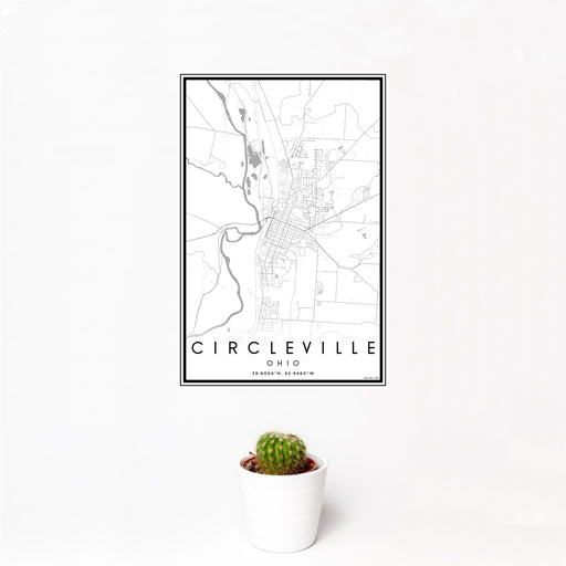 12x18 Circleville Ohio Map Print Portrait Orientation in Classic Style With Small Cactus Plant in White Planter