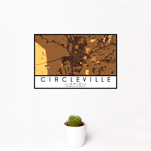 12x18 Circleville Ohio Map Print Landscape Orientation in Ember Style With Small Cactus Plant in White Planter