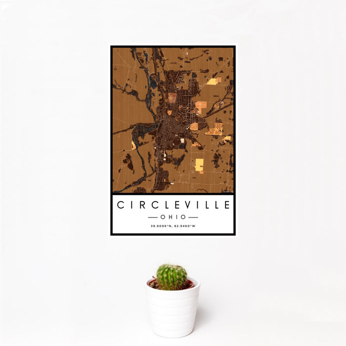 12x18 Circleville Ohio Map Print Portrait Orientation in Ember Style With Small Cactus Plant in White Planter