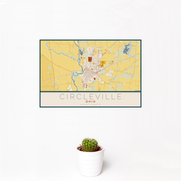 12x18 Circleville Ohio Map Print Landscape Orientation in Woodblock Style With Small Cactus Plant in White Planter