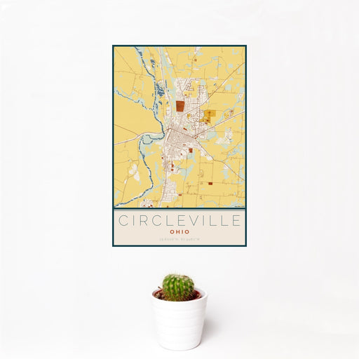 12x18 Circleville Ohio Map Print Portrait Orientation in Woodblock Style With Small Cactus Plant in White Planter