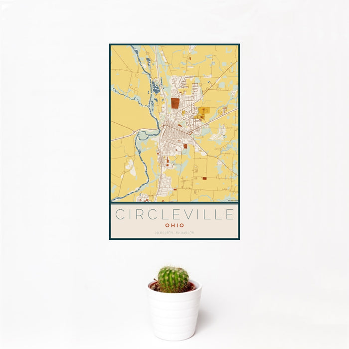 12x18 Circleville Ohio Map Print Portrait Orientation in Woodblock Style With Small Cactus Plant in White Planter