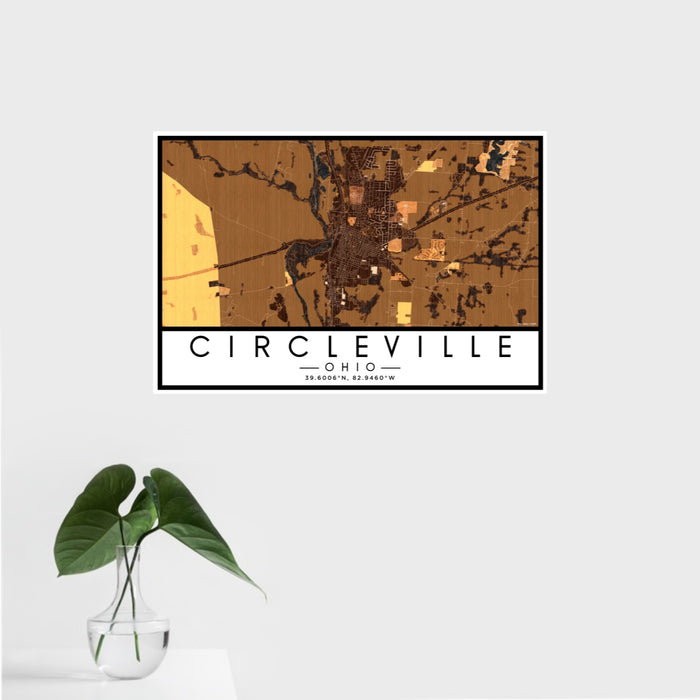 16x24 Circleville Ohio Map Print Landscape Orientation in Ember Style With Tropical Plant Leaves in Water