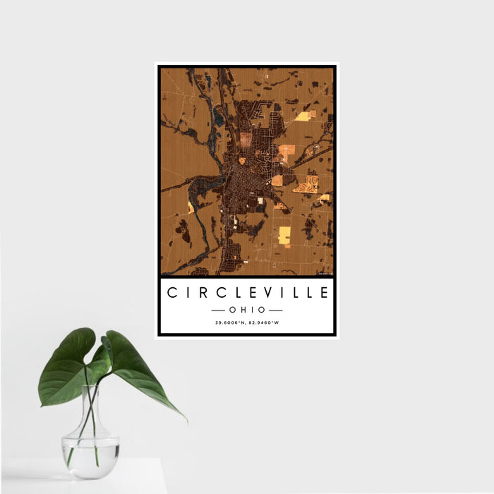 16x24 Circleville Ohio Map Print Portrait Orientation in Ember Style With Tropical Plant Leaves in Water
