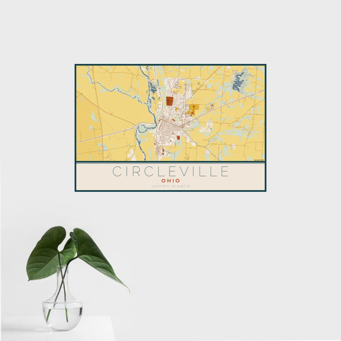 16x24 Circleville Ohio Map Print Landscape Orientation in Woodblock Style With Tropical Plant Leaves in Water
