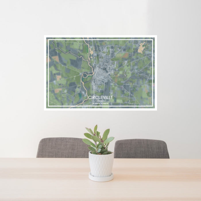 24x36 Circleville Ohio Map Print Lanscape Orientation in Afternoon Style Behind 2 Chairs Table and Potted Plant