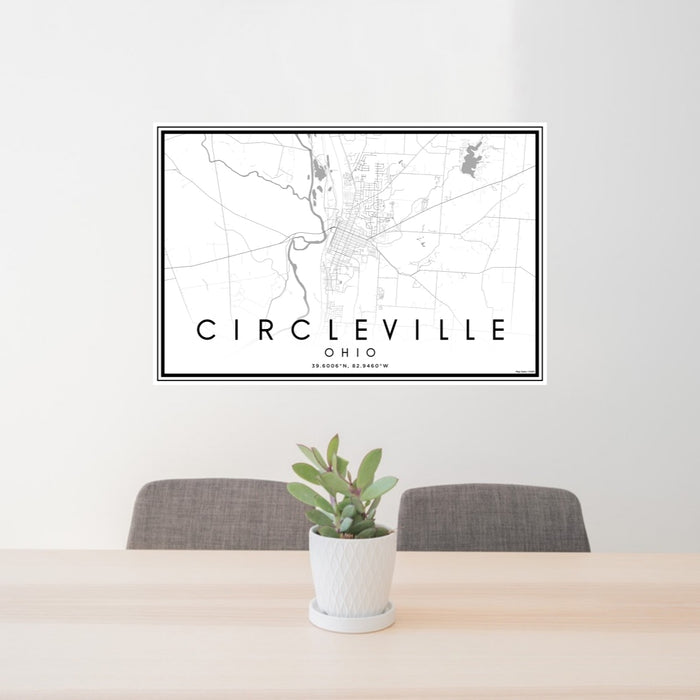 24x36 Circleville Ohio Map Print Lanscape Orientation in Classic Style Behind 2 Chairs Table and Potted Plant
