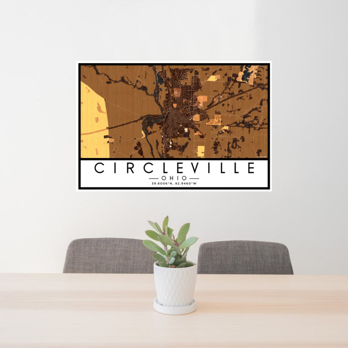 24x36 Circleville Ohio Map Print Lanscape Orientation in Ember Style Behind 2 Chairs Table and Potted Plant