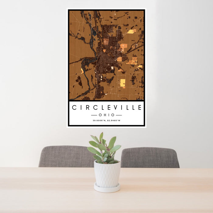 24x36 Circleville Ohio Map Print Portrait Orientation in Ember Style Behind 2 Chairs Table and Potted Plant